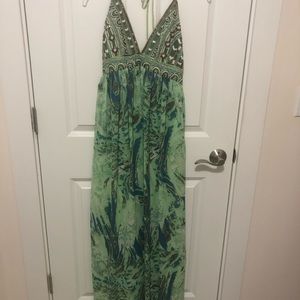 Spaghetti strap halter tie beaded top dress.